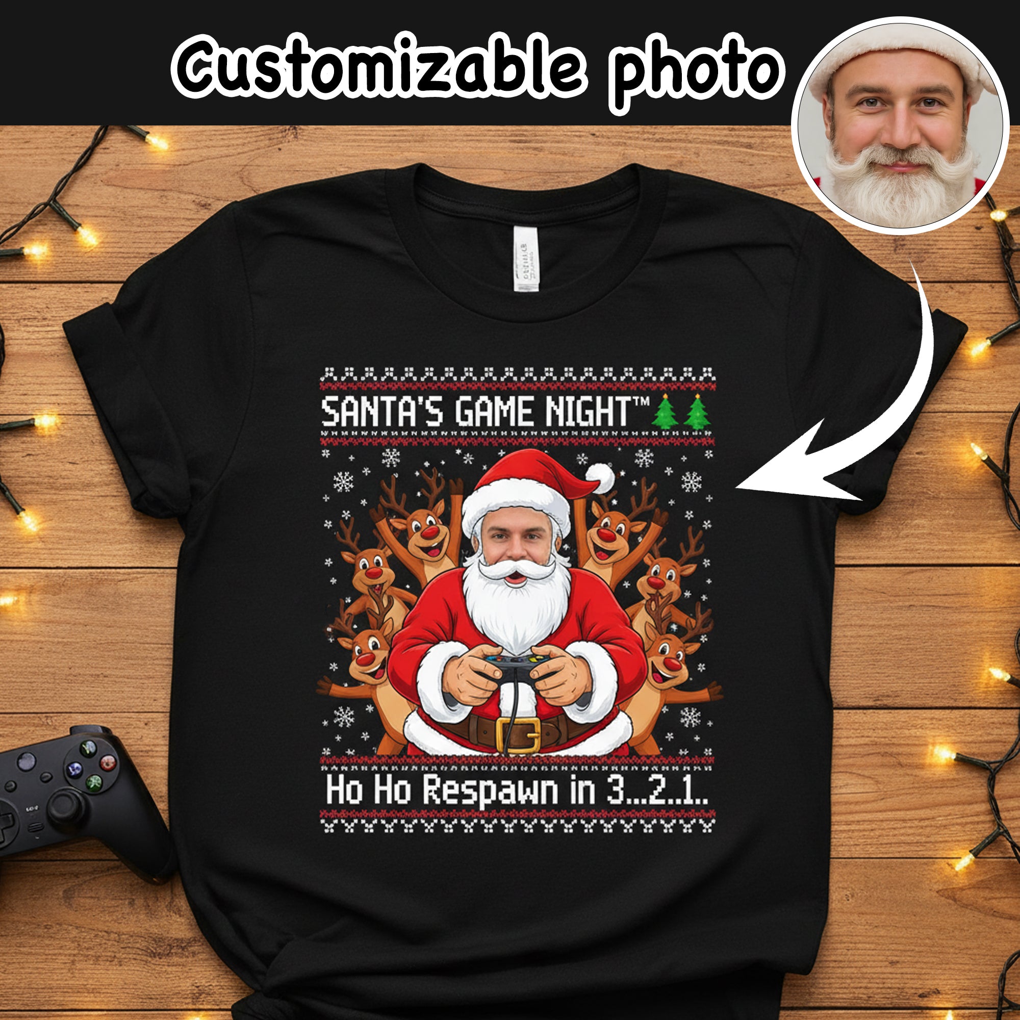 Santa’s Game Night Custom Photo Christmas T-Shirt, Funny Gamer Santa Tee, Personalized Holiday Shirt, Xmas Gift for Him, Family Matching | T-shirt 9