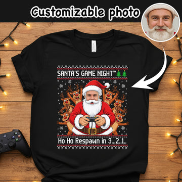 Santa’s Game Night Custom Photo Christmas T-Shirt, Funny Gamer Santa Tee, Personalized Holiday Shirt, Xmas Gift for Him, Family Matching | T-shirt 9