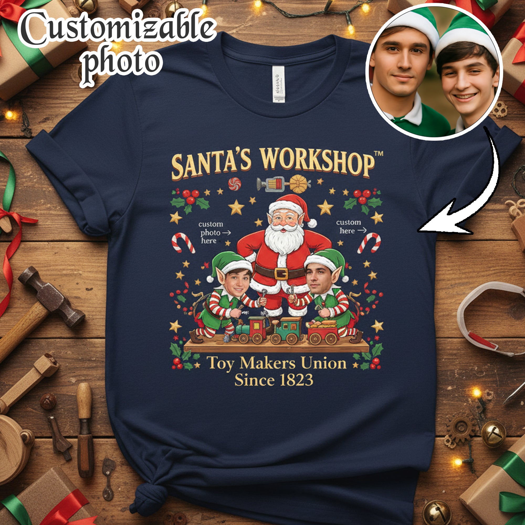 Santa’s Workshop Custom Photo Christmas T-Shirt, Personalized Elf Tee, Funny Holiday Gift, Family Xmas Matching Shirt for Men Women Kids  | T-shirt 31