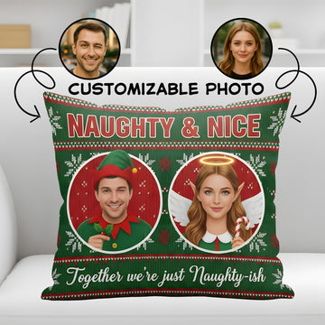Custom Couple Christmas Pillow – “Naughty & Nice” Personalized Holiday Cushion | Customizable Photos | Funny Romantic Gift for Couples | Pillow23