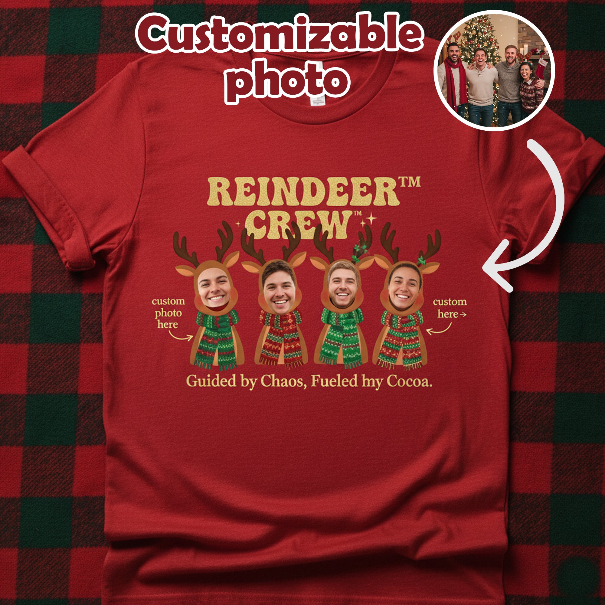 Reindeer Crew Christmas T-Shirt, Funny Family Group Custom Photo Tee, Personalized Reindeer Cocoa Tshirt, Holiday Gift for Men Women Kids | T-shirt 87