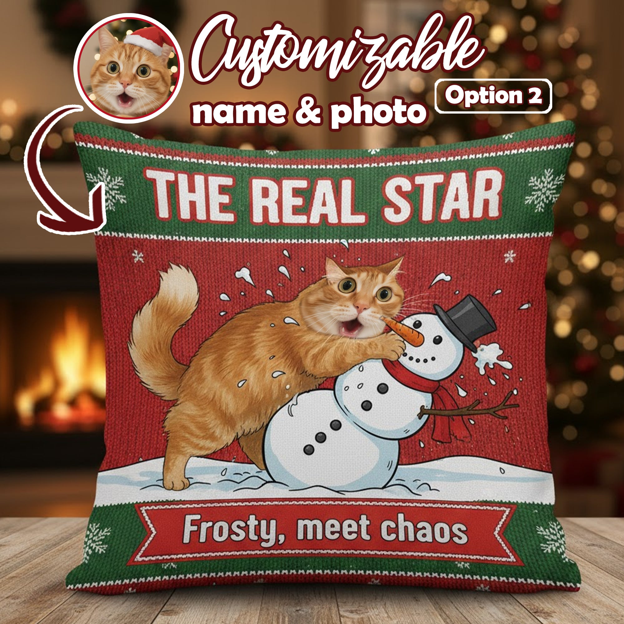 Personalized Pet Christmas Pillow – Funny Cat Throw Pillow, “Frosty Meet Chaos” Custom Pet Face Cushion, Holiday Gift, Xmas Home Decor| Pillow 111