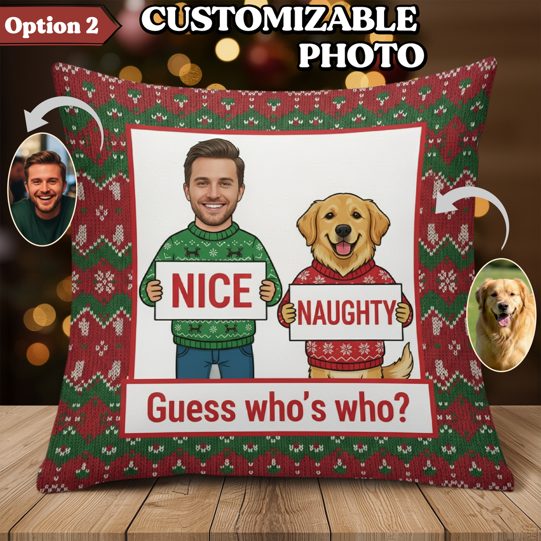 Custom Pet Christmas Pillow – “Nice or Naughty” Funny Cat Cushion, Personalized Pet & Owner Face Pillow, Holiday Gift, Xmas Home Decor | Pillow 93