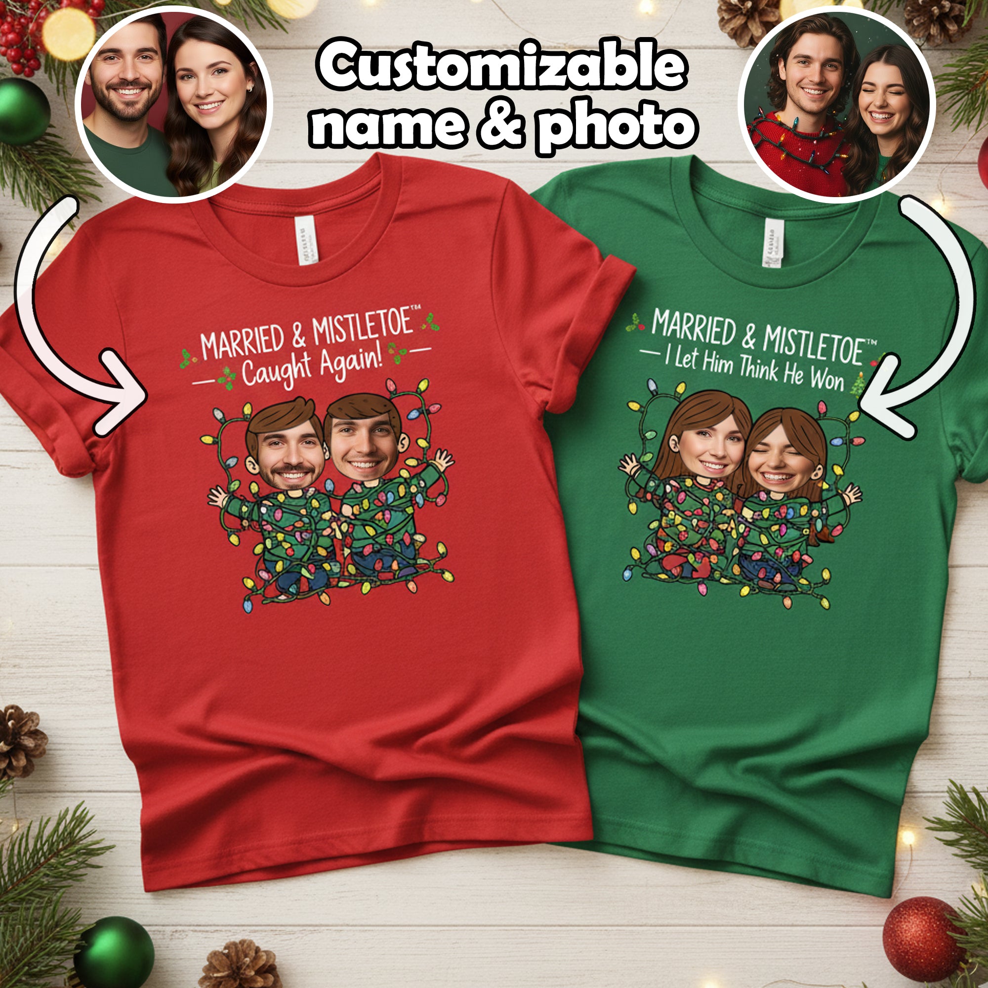Married and Mistletoe T-Shirt, Funny Christmas Couple Tee, Custom Photo Shirt, Personalized Santa Lights T-shirt, Xmas Gift for Husband Wife | T-shirt 94