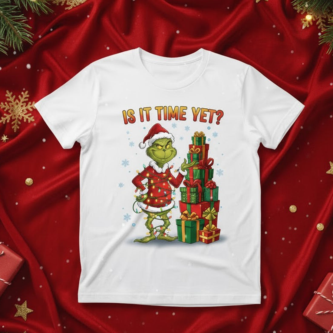 Funny Grinch Christmas T-Shirt, Is It Time Yet Tee, Holiday Humor Graphic Shirt, Festive Santa Gift, Unisex Xmas T-shirt for Men Women Kids | T-shirt 72