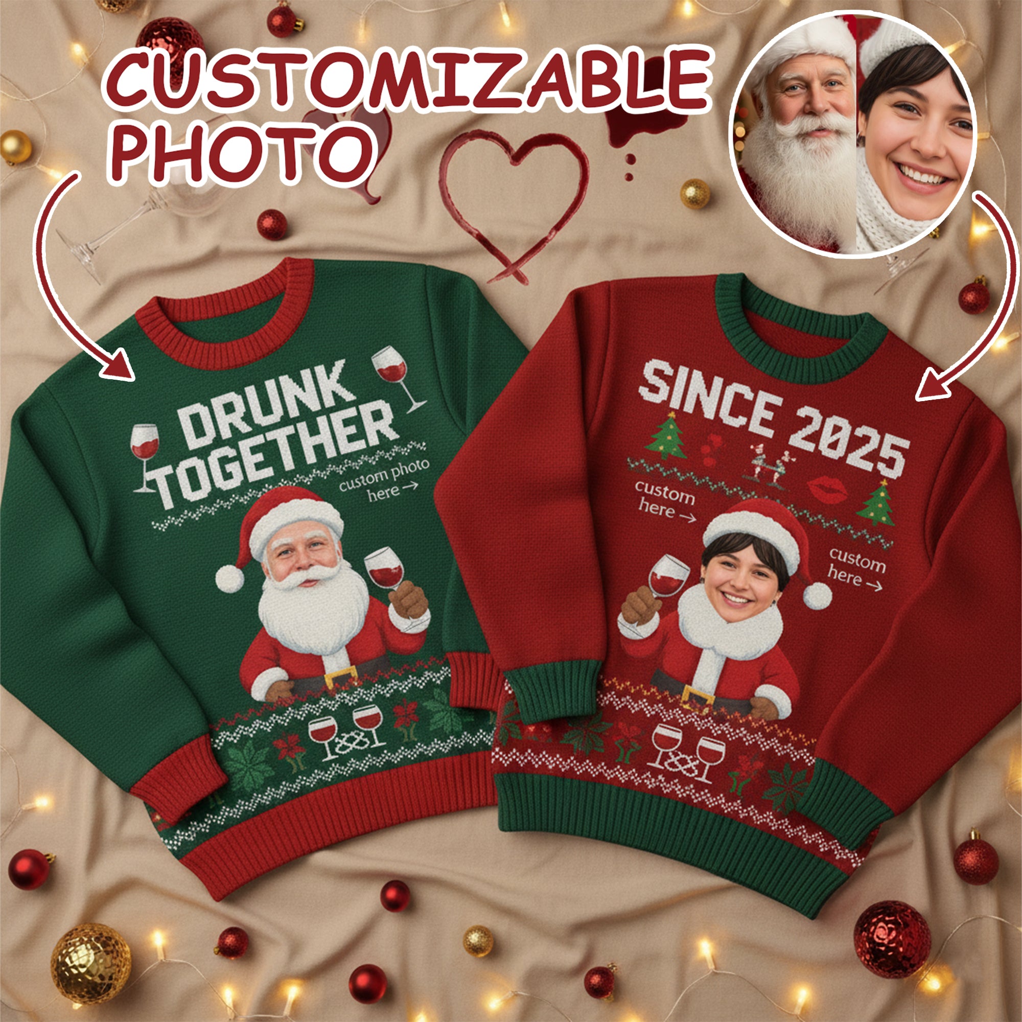 Drunk Together Christmas Ugly Sweater – Customizable Photo Santa and Elf Jumper, Funny Holiday Wine Sweater for Xmas Parties | Ugly 63