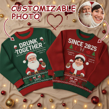 Drunk Together Christmas Ugly Sweater – Customizable Photo Santa and Elf Jumper, Funny Holiday Wine Sweater for Xmas Parties | Ugly 63