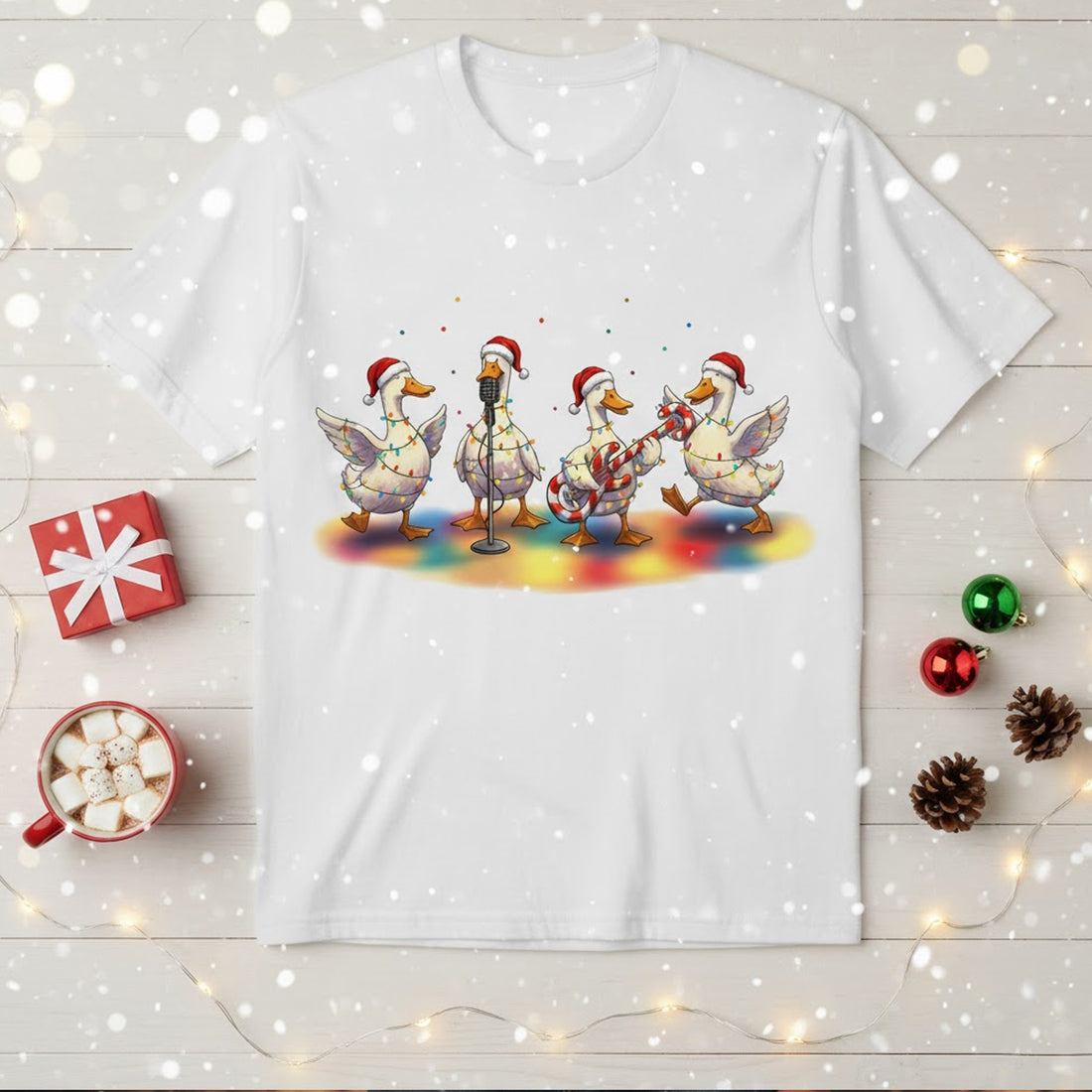 Duck Christmas T-Shirt, Funny Holiday Band Tee, Cute Singing Duck Graphic Shirt, Festive Lights Xmas Gift, Unisex T-shirt for Men Women Kids | T-shirt 77