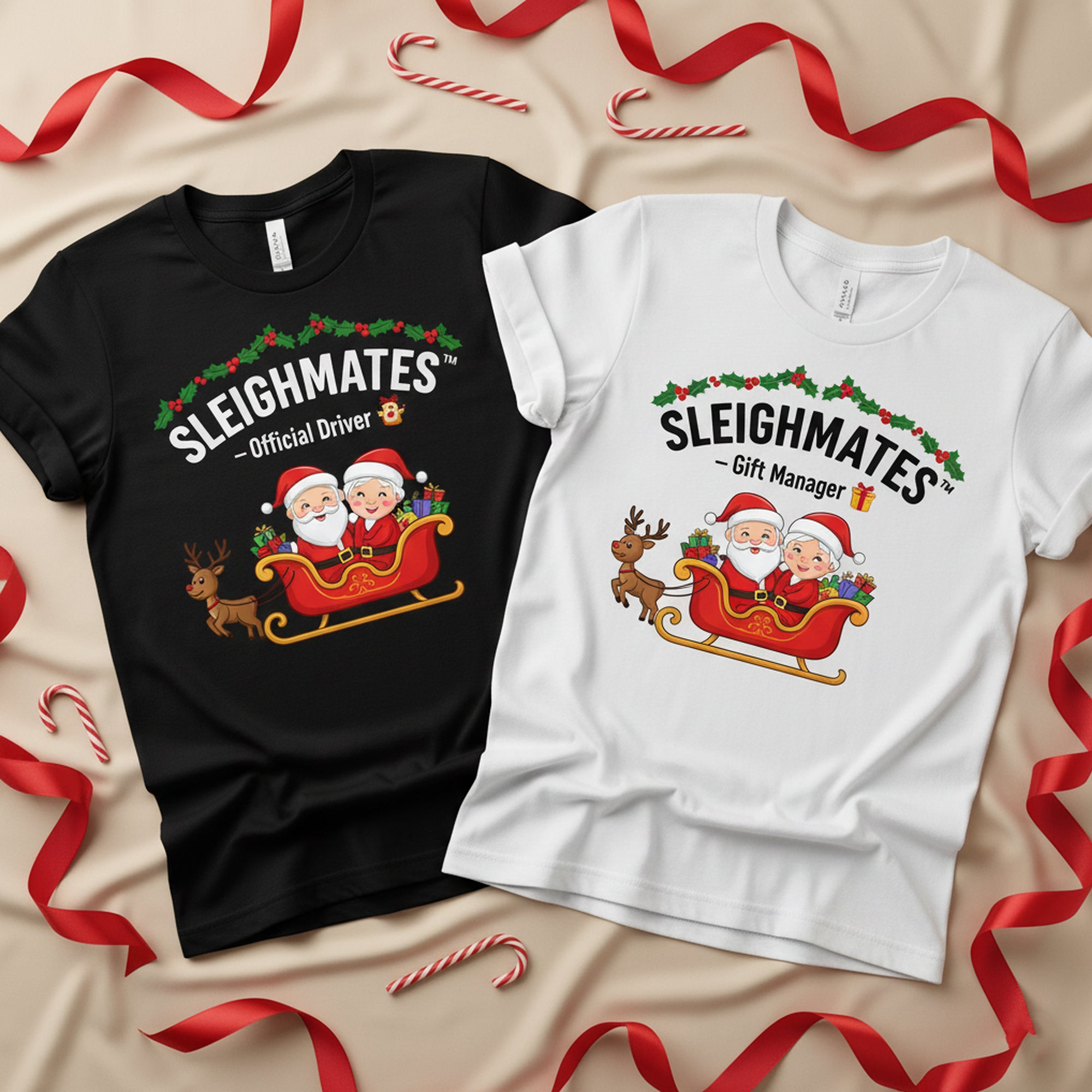 Sleighmates Custom Photo Christmas T-Shirt, Funny Couple Holiday Tee, Personalized Santa Sleigh Shirt, Xmas Gift for Husband Wife | Tshirt83