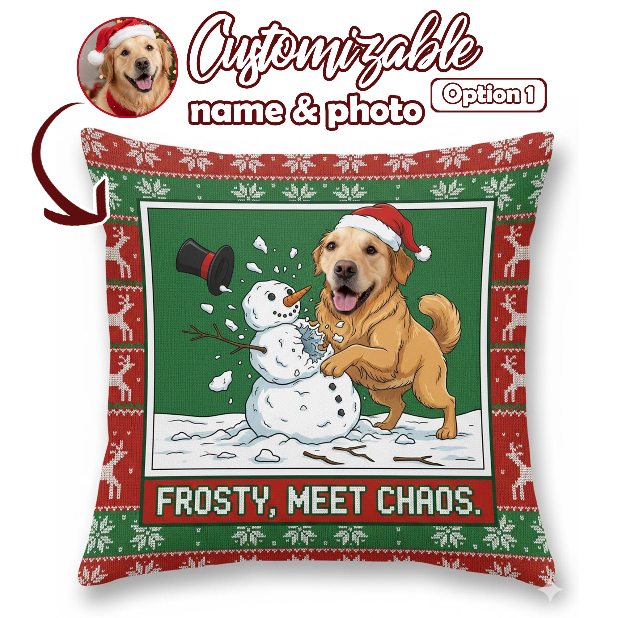 Funny Pet Christmas Pillow – Custom Dog Photo Gift, Frosty Meet Chaos Cushion, Personalized Linen Fabric Decor| Pillow 111