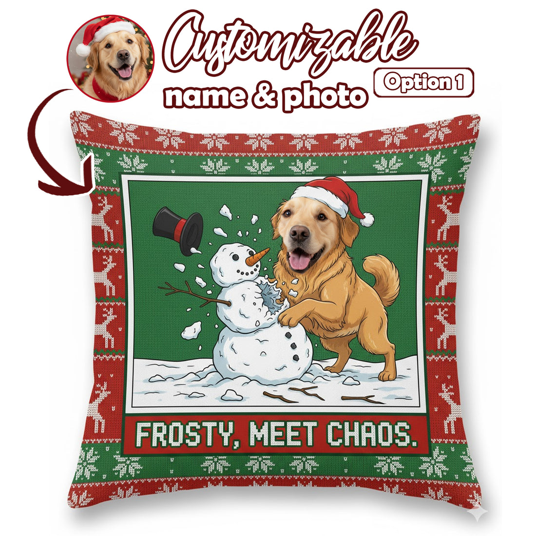 Personalized Pet Christmas Pillow – Funny Cat Throw Pillow, “Frosty Meet Chaos” Custom Pet Face Cushion, Holiday Gift, Xmas Home Decor| Pillow 111