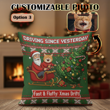 Funny Custom Pet Christmas Pillow – “Fast & Fluffy: Midnight Sleigh Ride” Personalized Pet & Owner Cushion, Custom Photo Gift, Holiday Decor | Pillow 42