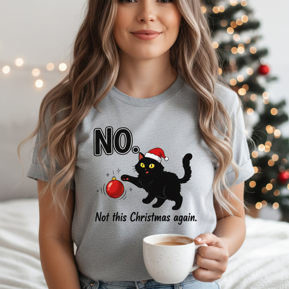Funny Black Cat Christmas T-Shirt, No Not This Christmas Again Tee, Cat Lover Holiday Shirt, Cute Xmas Gift, Festive Pet Humor Top | T-shirt 5