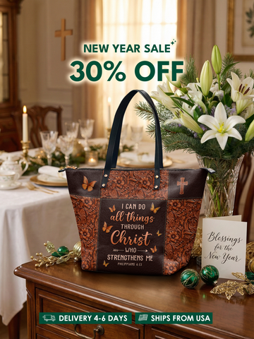 "Believe" - Philippians 4:13 Leather Tote Bag