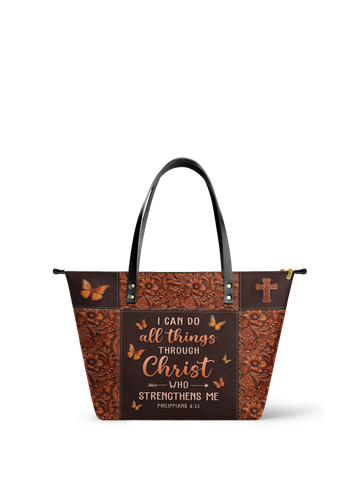 "Believe" - Philippians 4:13 Leather Tote Bag