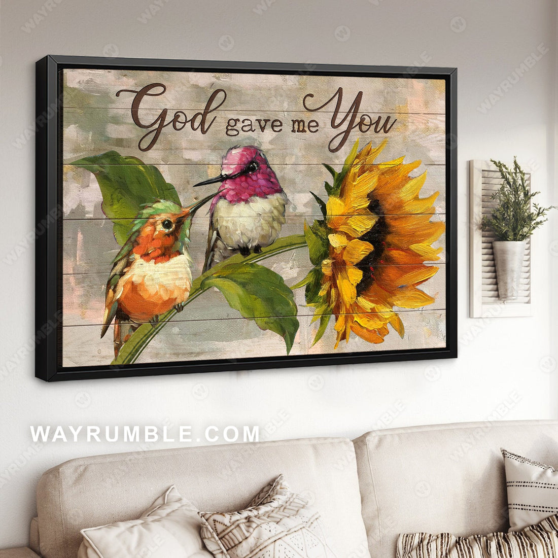 Sunflower painting, Hummingbird painting, God gave me you - Jesus Landscape Canvas Prints, Wall Art