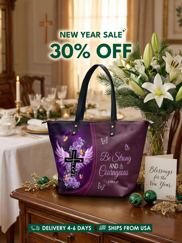 "Courage" - Joshua 1:9 Leather Tote Bag