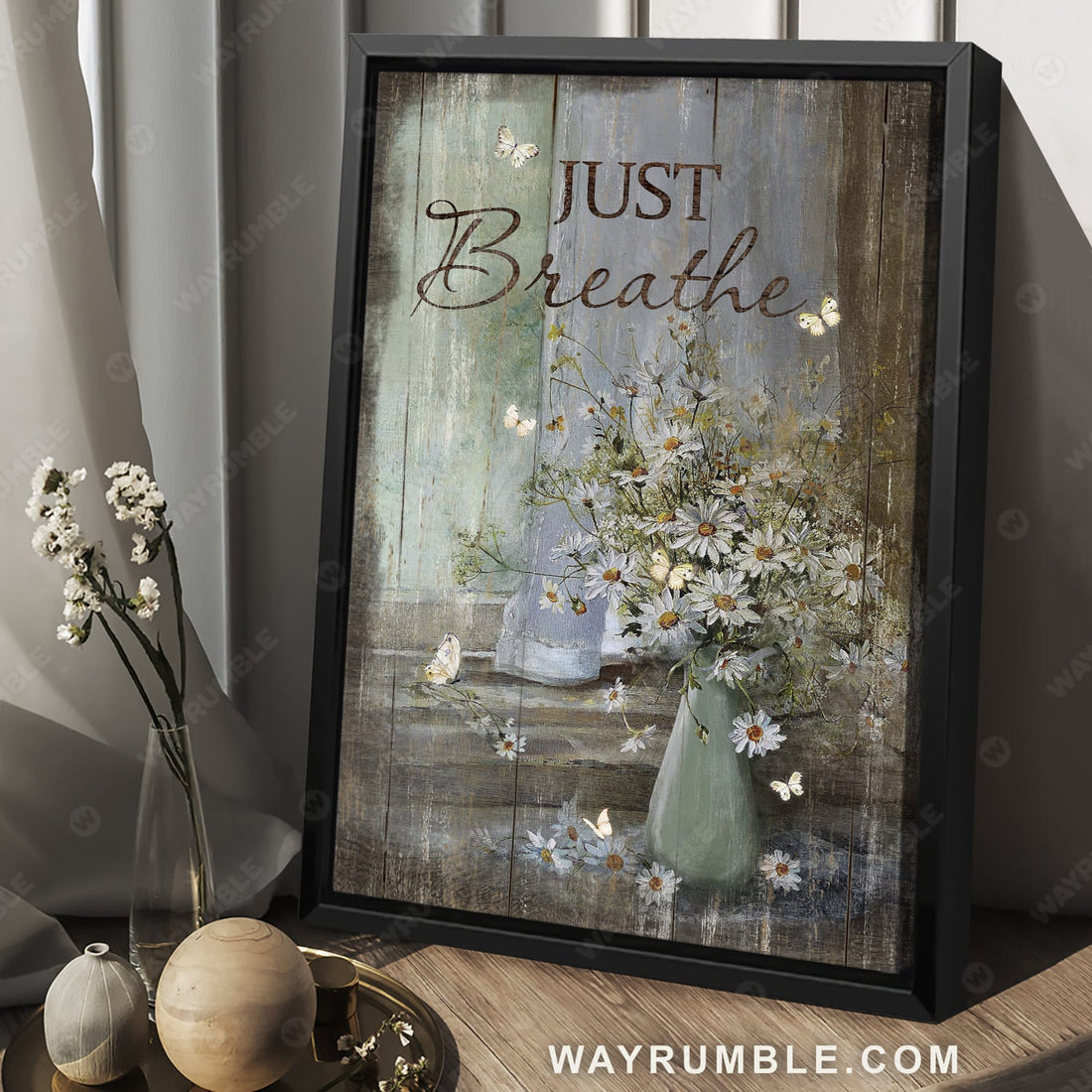 Vintage Flower Vase, Just breathe - Daisy flower, Jesus Portrait Canvas Prints, Wall Art