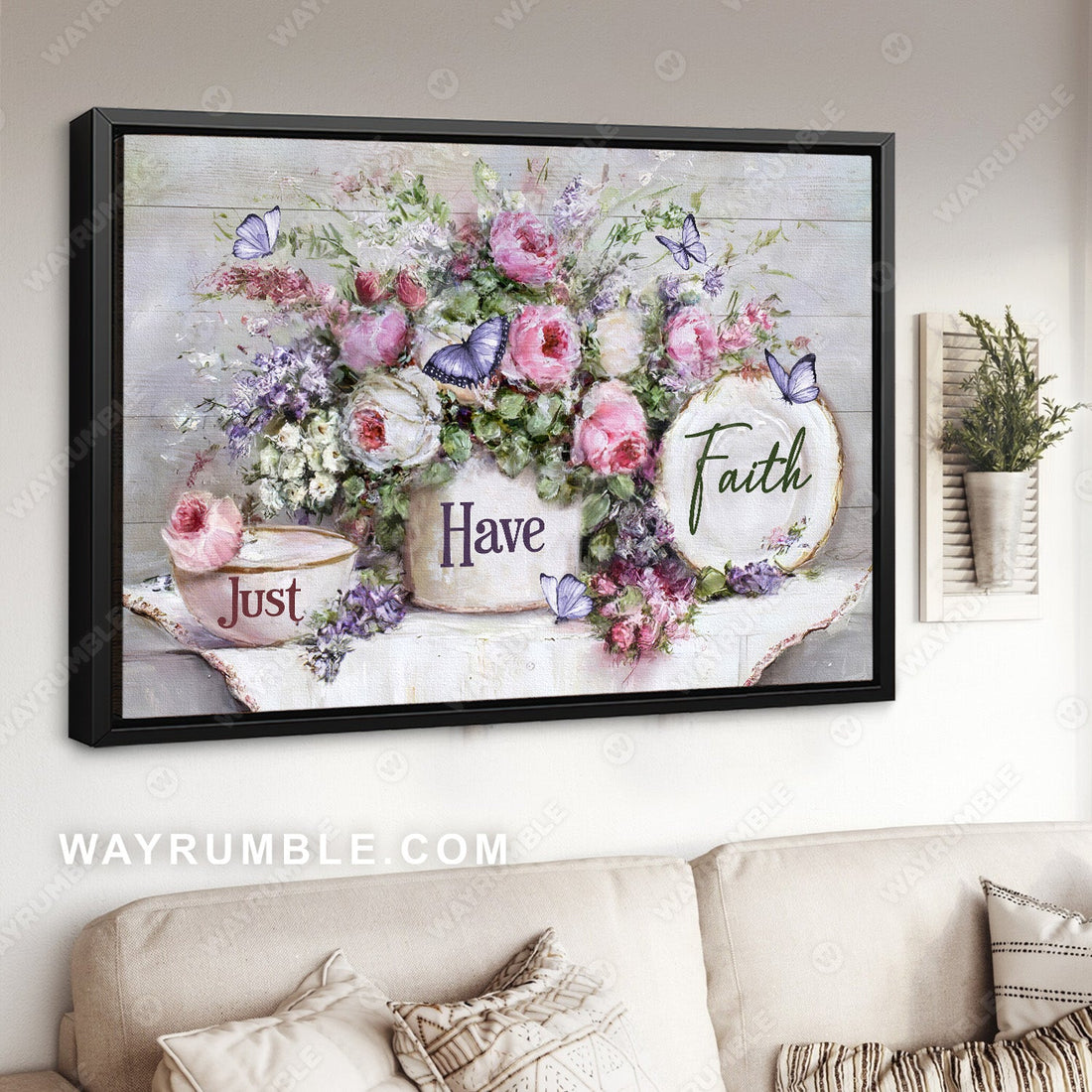 Flower garden, Still life painting, Purple butterfly, Just have faith - Jesus Landscape Canvas Prints, Christian Wall Art