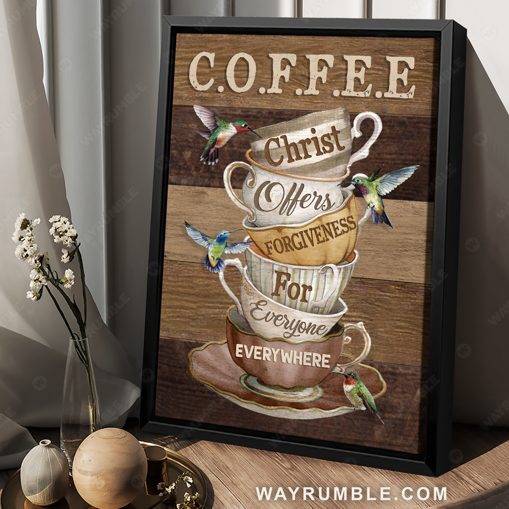 Vintage coffee cup, Hummingbird painting, Christ offer forgiven for everyone - Jesus Portrait Canvas Prints, Christian Wall Art