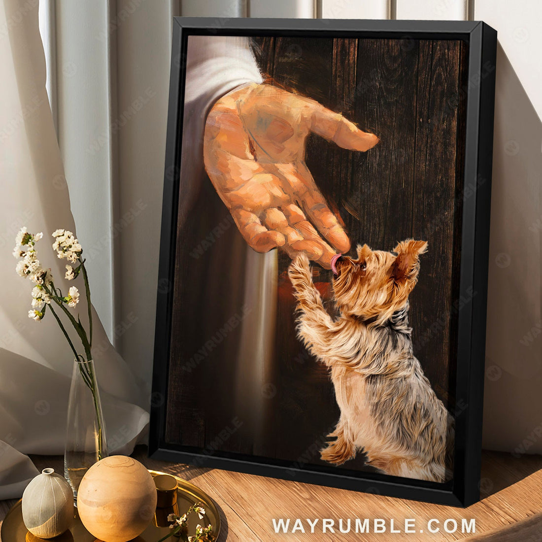 Jesus hand, Yorkshire Terrier painting, In the hand of God - Jesus Portrait Canvas Prints, Wall Art