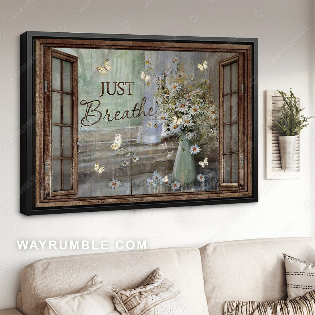 Vintage Flower Vase, Window frame, Just breathe - Daisy flower, Jesus Landscape Canvas Prints, Wall Art