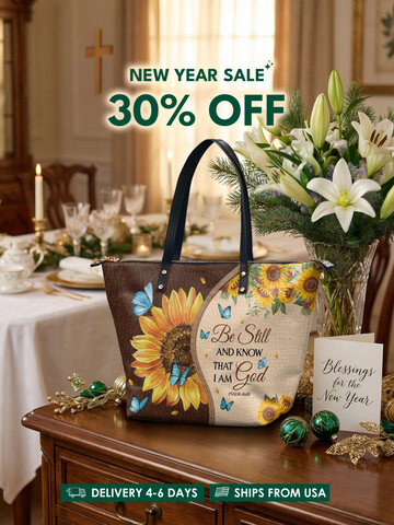 "Presence" - Psalm 46:10 Leather Tote Bag