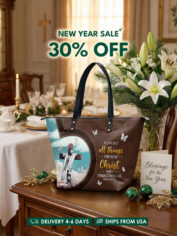 "Rise" - Philippians 4:13 Leather Tote Bag