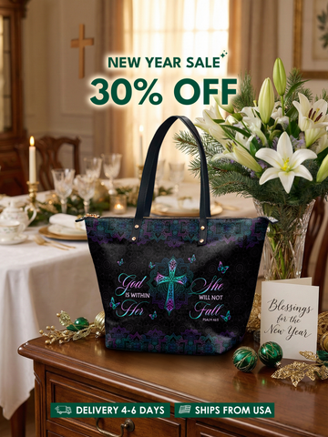 "Unshaken" - Psalm 46:5 Leather Tote Bag