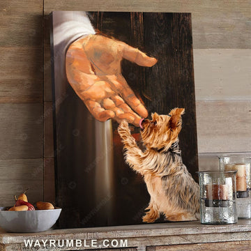 Jesus hand, Yorkshire Terrier painting, In the hand of God - Jesus Portrait Canvas Prints, Wall Art